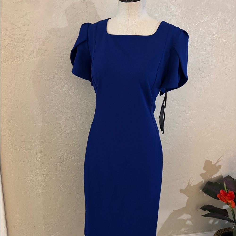 Royal Blue Sheath Dress with Puff Tulup Sleeves Sz 16 NWT - Picture 2 of 10
